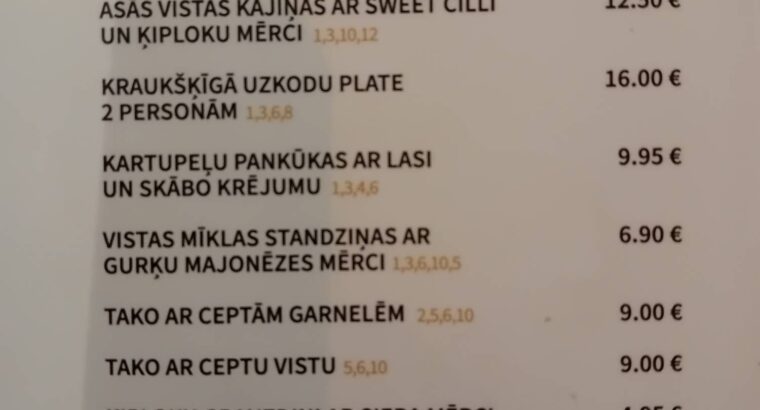 Eat & Chill ēdienkarte