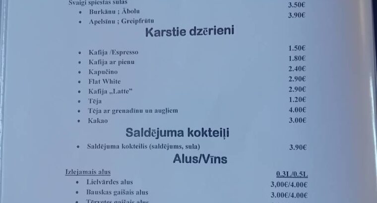 Kafejnīcas “Ķēķis” ēdienkarte