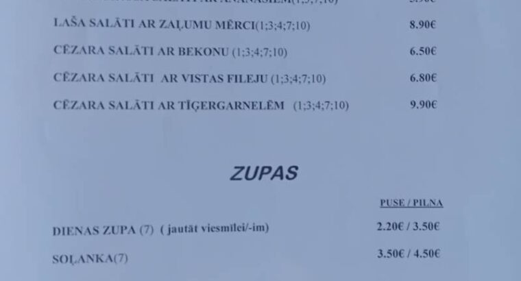 Kafejnīcas “Ķēķis” ēdienkarte