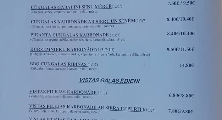 Kafejnīcas “Ķēķis” ēdienkarte