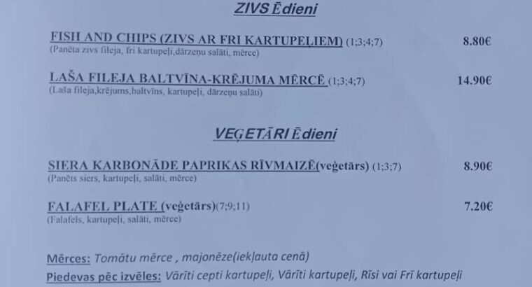 Kafejnīcas “Ķēķis” ēdienkarte