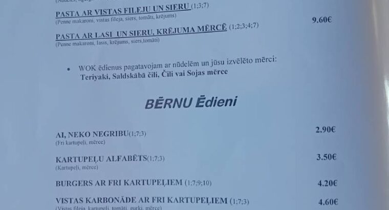 Kafejnīcas “Ķēķis” ēdienkarte