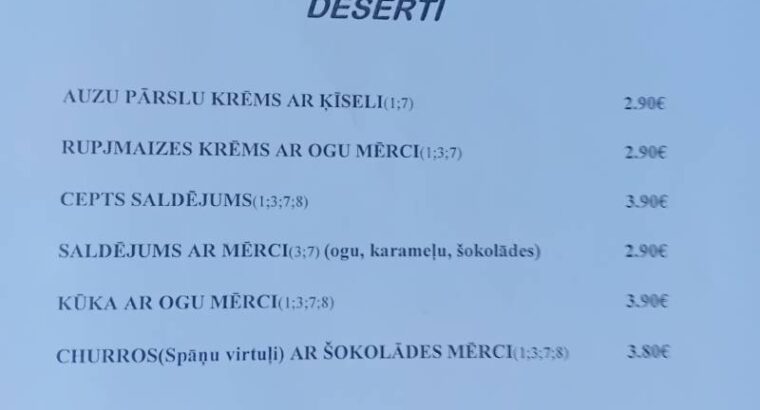 Kafejnīcas “Ķēķis” ēdienkarte