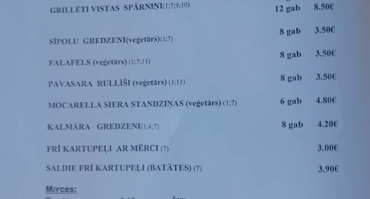 Kafejnīcas “Ķēķis” ēdienkarte