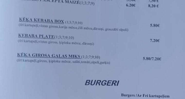 Kafejnīcas “Ķēķis” ēdienkarte